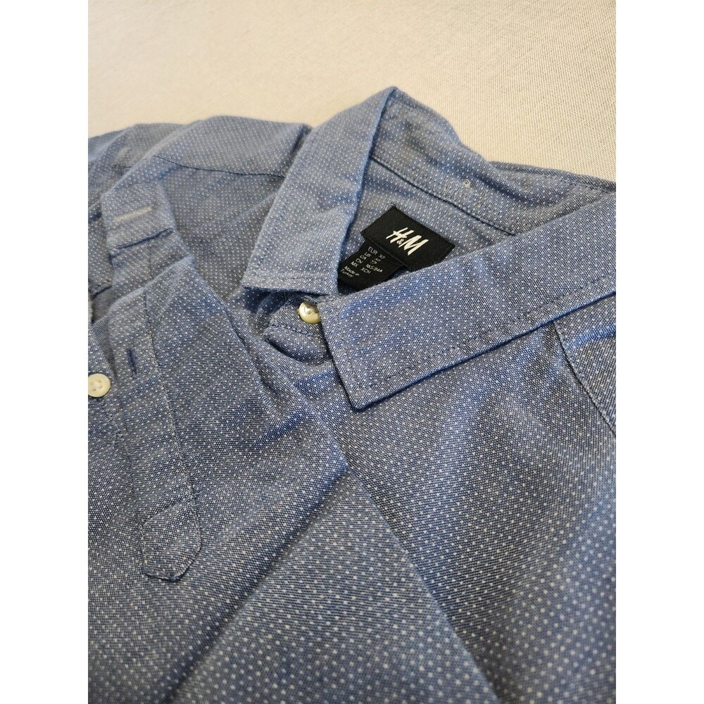 H&M Men's Blue Polka Dot Cotton Woven Long Sleeve Button-Up Shirt XS #001